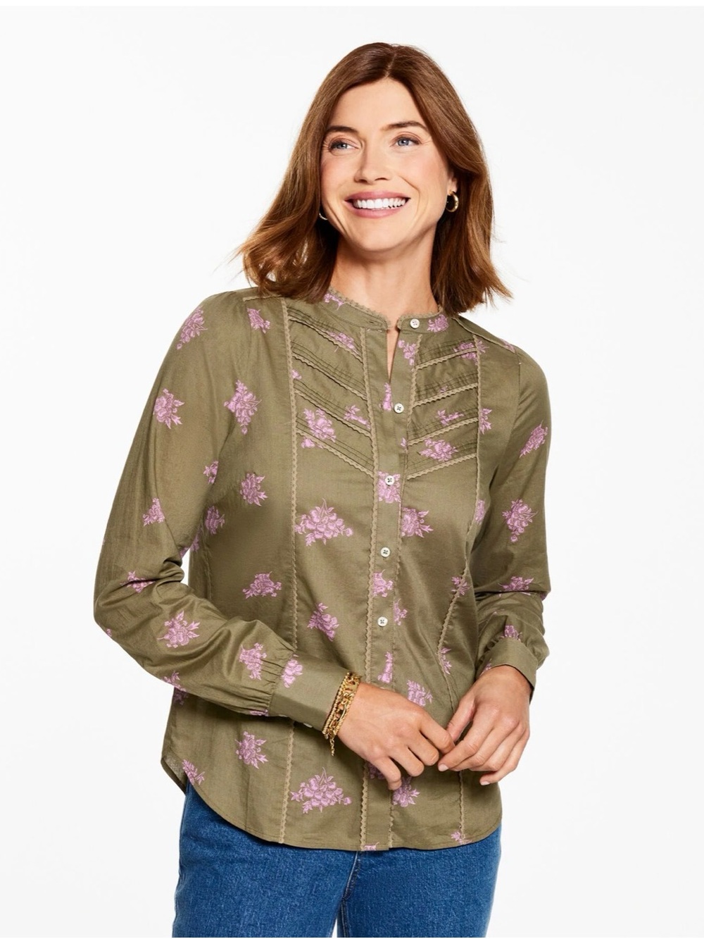 Talbots Petite Lace Trim Olive Pink Floral Cotton Blouse MP Cottagecore Boho